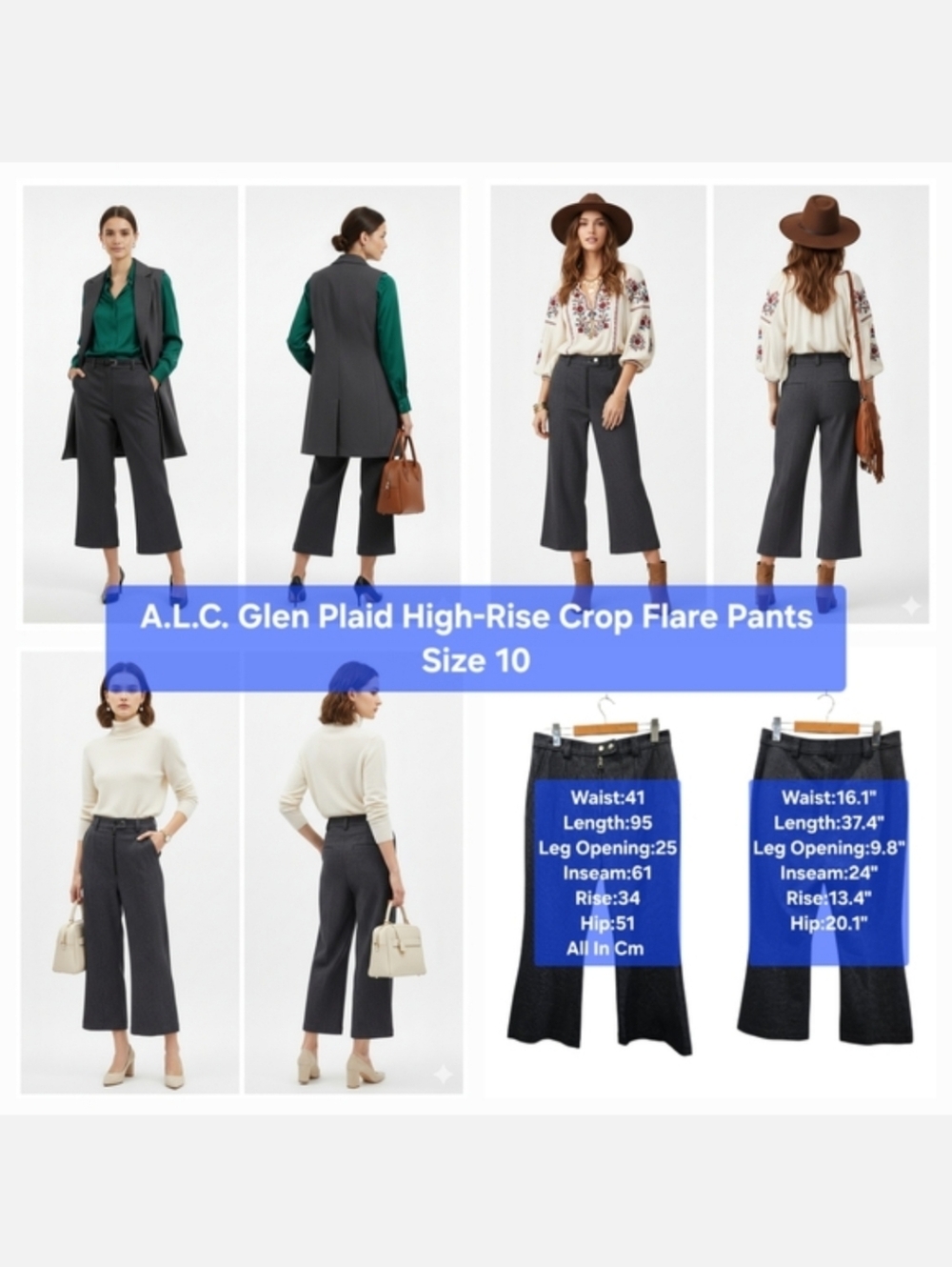 A.L.C. Glen Plaid High-Rise Crop Flare Pants Size 10